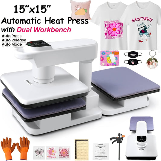 15X15" Automatic Heat Press Machine for T-Shirts, Large Digital Control Heat Transfer Machine for T-Shirts, 360° Swing Away Heat Press with Automatic Release, Heats Up Quickly