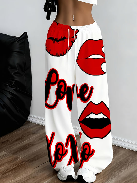 Love XoXo Printed Women's Sweatpants with Red Lips Design Casual Loose Fit Pants Fashion Streetwear Style Comfortable Joggers for Women