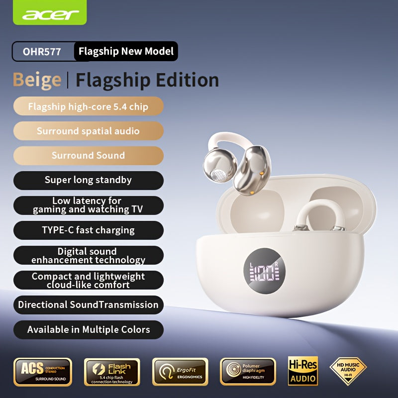 Acer 2025 new model back-to-school season TWS Wireless Headset Heavy Bass Stereo + Talking Noise Cancellation Ultra Long Lasting Sports Running hanging ear Low Latency Gaming Mode HIFI Audio Lightweight Touch Design Stylish D