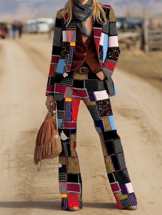 Retro Color-blocked Suit Wide-leg Pants Set for Women | Patchwork Design with Colorful Patterns, Suitable for Literary Street Wear and Retro Occasions.