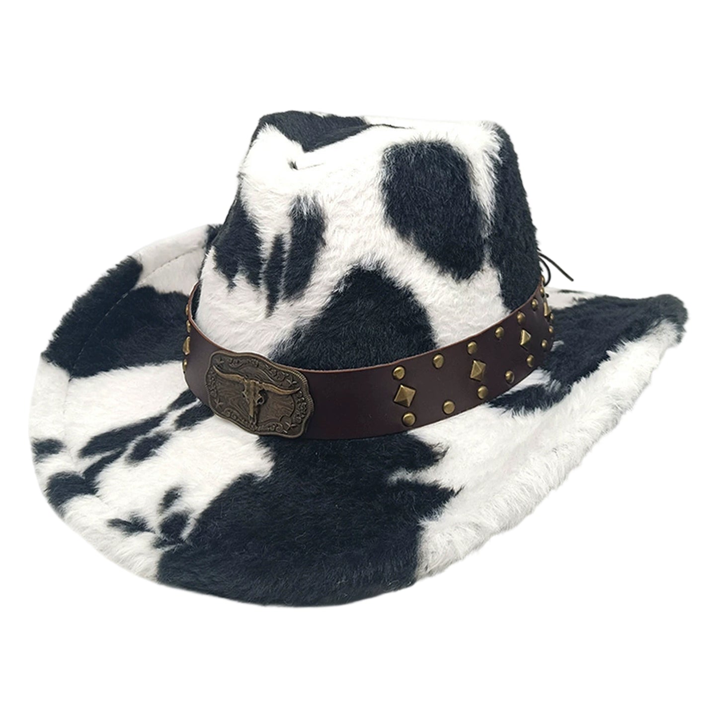 Warm Plush Fuzzy Cowgirl Hat with Bull Head Belt - Unisex Western /H Cow Spot Jazz Cap for Rodeo, Ranch, Themed Parties | Hand Washable for men & women