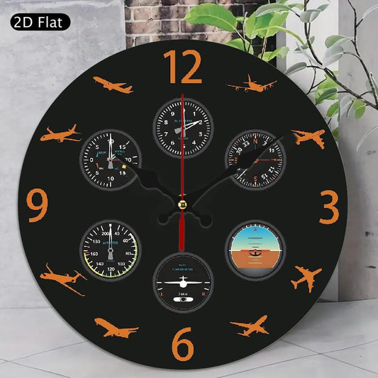 1pc 10 Inch Aviation Pilot Wall Clock with Flight Instrument Design - Silent Non-Ticking Modern Black & Orange Airplane Speed, Altitude, Heading, Vertical Speed dials - Easy-to-Read Black Face & White Hands - Ideal for Home,