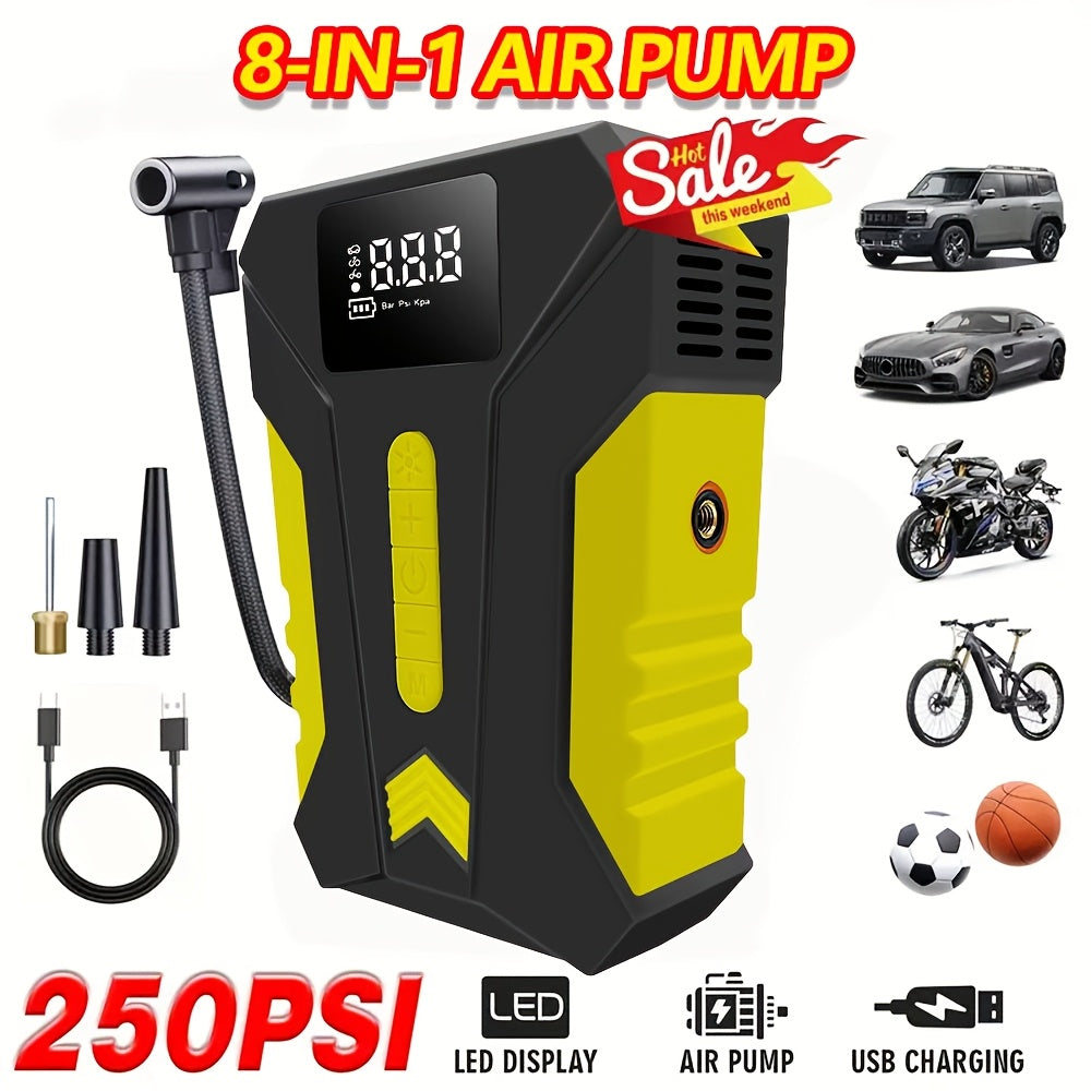 12000A Peak Car Emergency Starter & 250PSI Portable Tire Inflator, 12V (Allgas/ 2.11 Gallons Diesel) Quick Start Vehicle, Portable Car Battery Charger, USB Input/ Output, LED Emergency Light, Auto Additions Tool