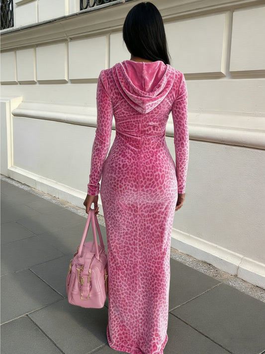 Pink Leopard Print Hooded Zipper Slim-Fit Maxi Women's Dress | Eye-Catching Retro Fashion for Daily Outings, Friend Gatherings & Casual Dates, Perfect for Fall/Winter Occasions