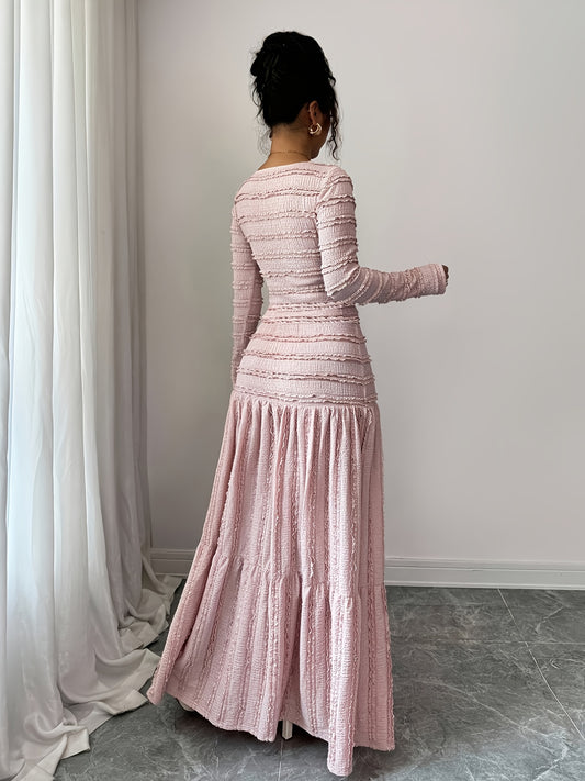 Pink Square Neck - Lace Dress for Women | Long Sleeve Top - Multi-Layer Flared Skirt Design - Perfect for Autumn/Winter Dates, Parties, and Romantic Social Occasions