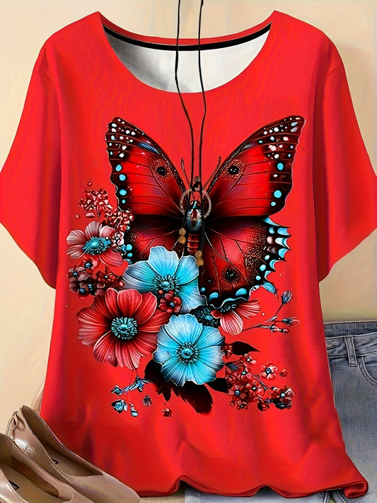 Women'S Plus Size Floral Butterfly Print T-Shirt - Vibrant Red with Colorful Butterflies & Flowers, Short Sleeve Crew Neck Casual Top for Spring & Summer, Lightweight Fabric, Ladies T-Shirts