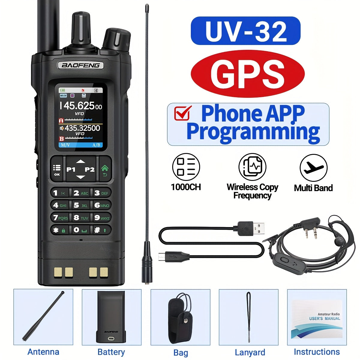 BAOFENG UV-32 10W GPS Ham Radio with APP Programming, NOAA Weather Alert, 2500mAh USB-C Rechargeable Battery, 400-520MHz Long Range Handheld Two-Way Radio for Hunting Fishing Outdoor Adventures, Ergonomic Design, High Quality