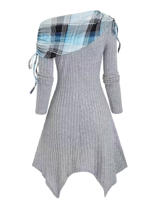 1pc Women's Plaid Patchwork Asymmetrical Dress - Turquoise Blue/Black/White/Gray A-Line Fitted Silhouette with Off-Shoulder/One-Shoulder Neckline & Drawstring Waist, Hand Washable Winter Dress for Casual Outings, Dates & Part