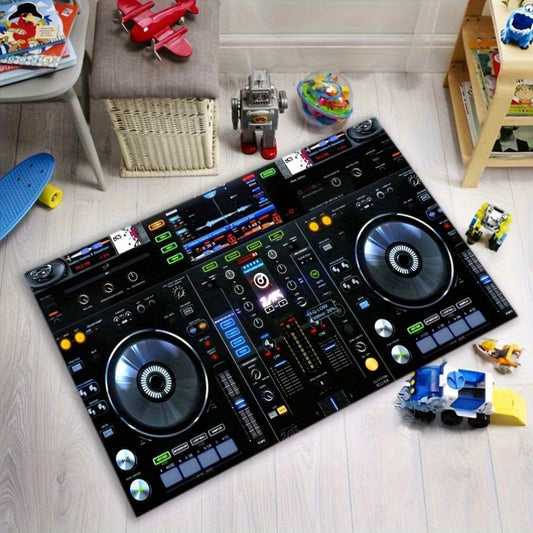 1pc DJ-Themed Crystal Velvet Mat - Soft, Washable, Playable Area Rug with Turntable & Music Player Design for Living Room, Bedroom, Outdoor, Patio, Kitchen - Black with Colorful Music Display, Living Room Decor | Vibrant Floo