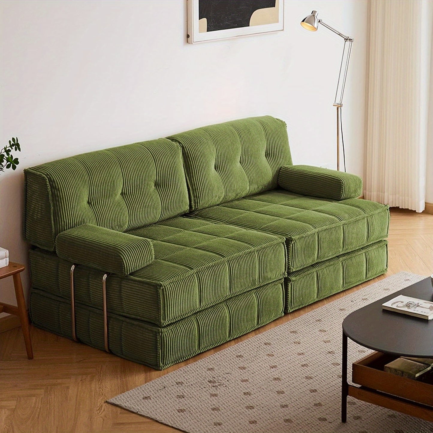 Convertible Sleeper Sofa Bed with Stainless Steels Fixed Frame, Corduroy Folding Futon Couch Bed with Square Pillows, Modular Floor Sofa Lounge Couches Living Room Bedroom-Green