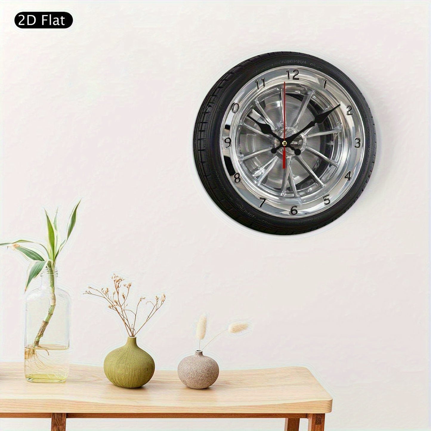 2D Flat 1pc Silent Wall Clock with Car Wheel Design Wooden Wall Clock, 10Inch Modern Home Decor for Living Room, Bedroom, Office - Father's Day, Birthday, Holiday Gift, Battery Not Included, Clock Wall Decor, Bedroom Accessor