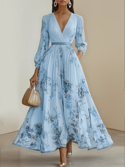 Women's Elegant A-Line Maxi Dress with V-Neck & full-length Zipper Back - Long Sleeve Summer Wedding Guest Gown, Pleated Maxi, Non-Stretch Fabric (Hand Wash/Dry Clean) - Floral print suitable for Prom, Party, Special Occasion