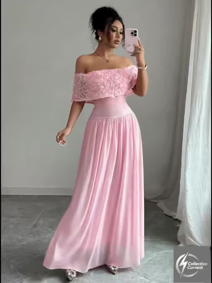 Women'S Elegant Off-Shoulder Maxi Dress - Formal Party Wedding Gown with Waist, Flattering A-Line Silhouette, Soft Pink Formal event dresses for Women - K2533418, Dresses for Wedding Guest, Evening Gown, Offshoulder Design, D
