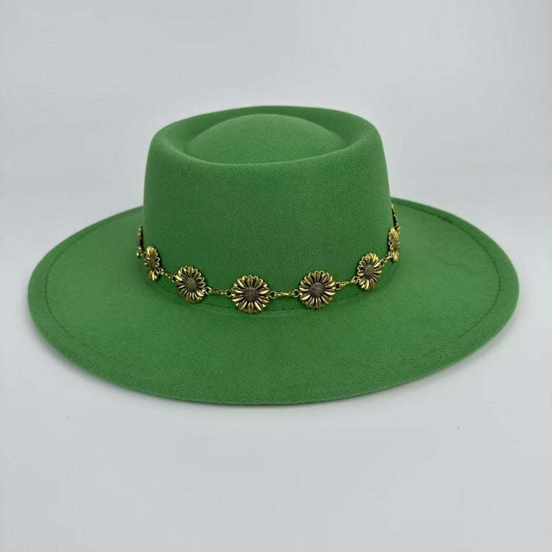 1pc Bohemian-style Unique and Fashionable Felt Hat - Decorated with Exquisite Golden Flower Chain Fedora Hat - Suitable for Daily Street Style, Music Festival Outfits, Bohemian-inspired Looks, Casual Outings and Trendy Season