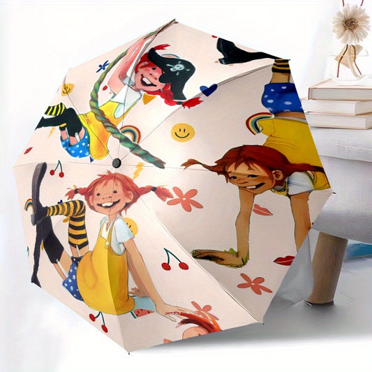 Pippilongstocking Automatic Folding Umbrella - Windproof, Portable Travel Umbrella with 8-Rib Durable Design, Vibrant Cartoon Character Print, Ideal Gift for Fans, Umbrella for Travel, Playful Design, Sturdy Handle