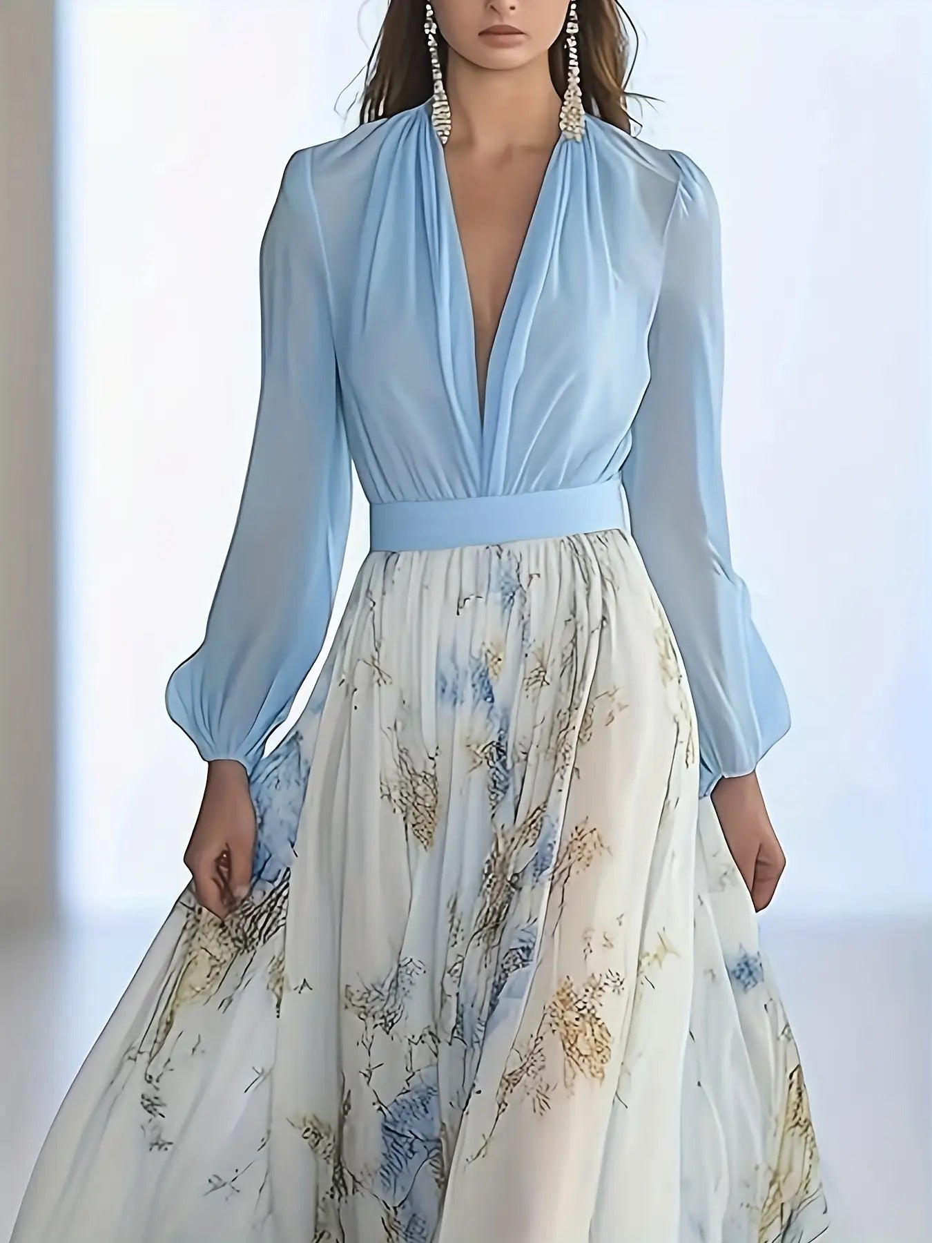 Elegant Long Dress for Women with a Deep V-Neck, Featuring a Bohemian Floral Chiffon Design