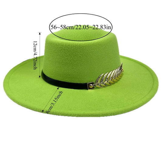 1pc Women'S Retro Wide-Brimmed Fedora Hat with Metal Crescent & Black Leather-like Band - Vibrant Orange/Red/Green/Black/Navy Blue/Purple/White - Elegant Non-Stretch Design for Autumn Winter, Music Festivals, Christmas & Dail