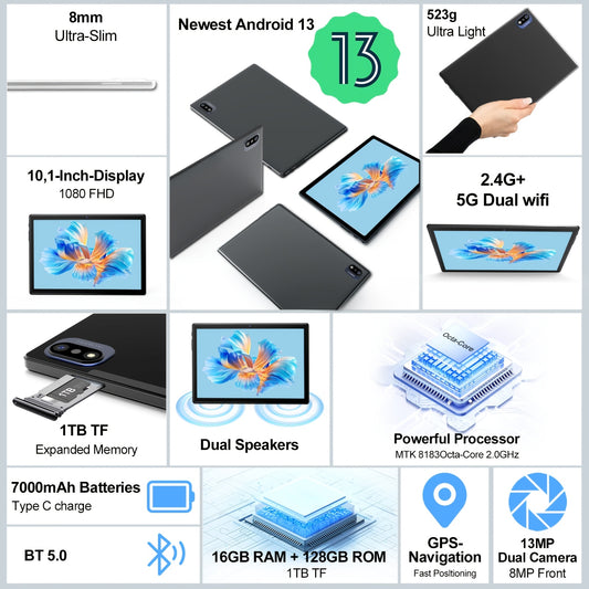 Latest Tablet Android 13 Tablet, 5G/2.4G WiFi6 BT 5.0, 16GB RAM+256GB ROM+1TB Expand Octa-Core Tablets PC, 2in 1 Tablet with Keyboard Mouse Case Stylus, Powerful Octa-Core+13MP+8MP Camera, 1280*800 IPS HD Screen, Black