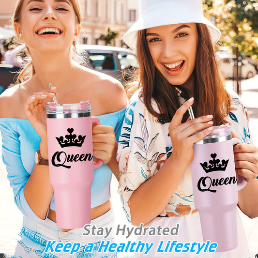 1pc HSDIOKL Queen 40oz Stainless Steel Tumbler - Double Wall Vacuum Insulated Travel Mug - Customizable with Crown & "Queen" Design - Pink Lid - Perfect for Halloween, Christmas, Thanksgiving Gifts - Gift Mug | Crown Motif Tu