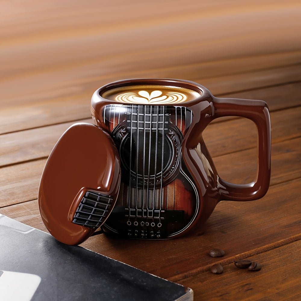 Guitar-Shaped Ceramic Mug - Large 500ml Music-Themed Coffee Cup with Spanish Lyre & Guitar Tab Design, Freezer- Lid, Hand Wash Only - Gift for Musicians, Musically-Inspired Drinkware for Home, Office, Dorm (Guitar Pick Accent