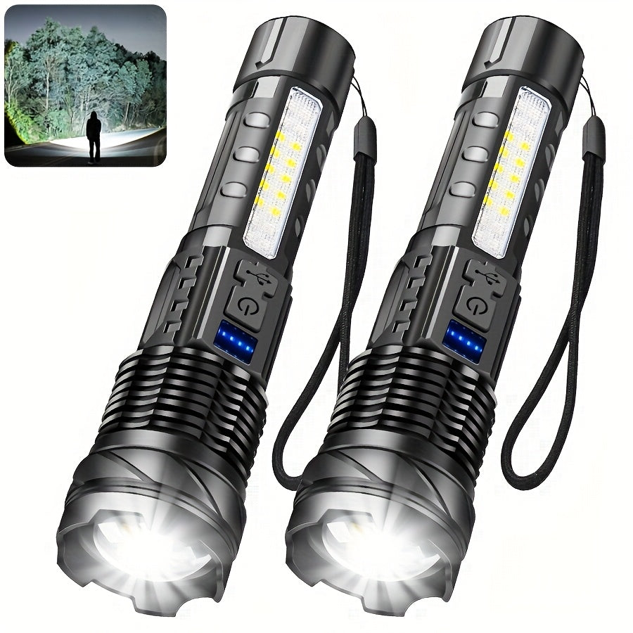 1/2/4pcs Multifunctional Flashlight High-Power LED Flashlight with COB Red/Blue Warning Side Light - Rechargeable Zoomable Long Distance Fishing Camping Light Many Mode