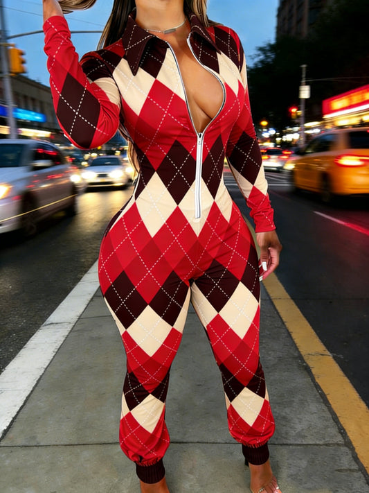 Khaki Diamond Geometric Pattern Women'S Half Zipper Jumpsuit | Retro Color Block Print, Long Sleeved Lapel, Hip-hop Style, Spring Season, Machine Washable, Casual Wear, Suit