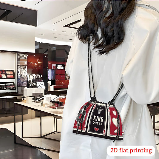 1pc Women's King & Queen Playing Card Print Crossbody Bag - Vibrant Red/Black/White Design with Hearts & Spades, Lightweight Drawstring Closure, Reusable Polyester Purse for Weddings, Parties, Travel, Everyday Use - Gift Idea