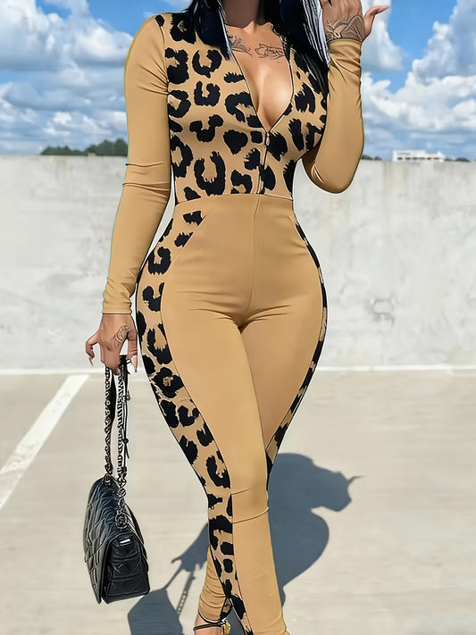 Plus Size, Fashion Women's Clothing | Women's Zip - Up Jumpsuit Set | Bright Green with Black Leopard Print Patchwork | Long Sleeve Full - Zip Design | Slim Fit | Suitable for Daily Outings & Multiple Occasions