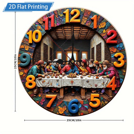 1 Piece Christmas Decoration Wooden Wall Clock, 2D The Last Supper Design - Large Round Silent, Religious, Leonardo da Vinci Inspired The Last Supper Art, Suitable for Home, Church, Office Decoration - Unique Gift for Christi