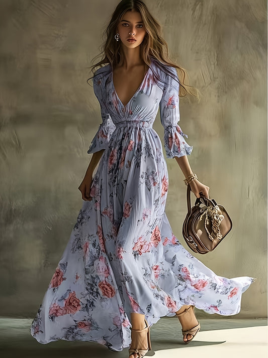 Bohemian Floral V-Neck Maxi Dress - Lightweight Chiffon Sundress Featuring a Stylish High Slit, Perfect for Festivals Or Beach Cover-Ups, with a Flowing Hem Ideal for Music Festivals And Holidays