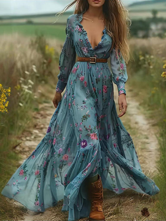 Women'S Long Sleeve Dress with Lace Trim & Elastic Cuffs | Flowy Floral Print A-Line Retro Dress, Elegant V-Neck, Long Length, Belted, Perfect for Spring/Summer - SCACTO