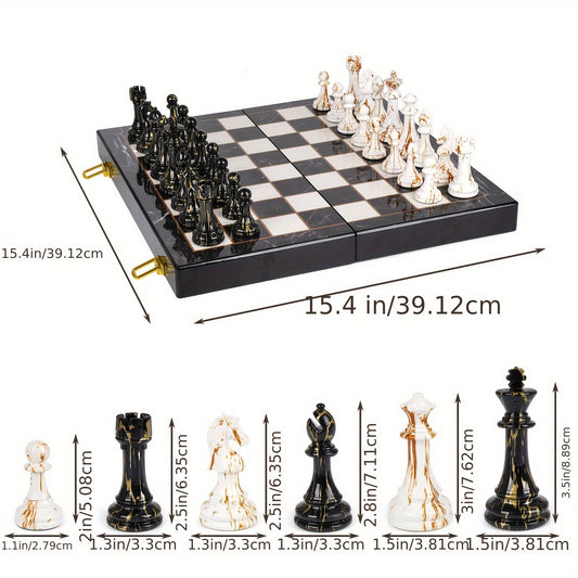 15" Large Chess Set For Adults With Weighted Acrylic Chess Pieces 3.5" King Portable Folding Marbling Wooden Chess Board Travel Chess Sets Family Board Game Gift Elegant Classic Chess Game