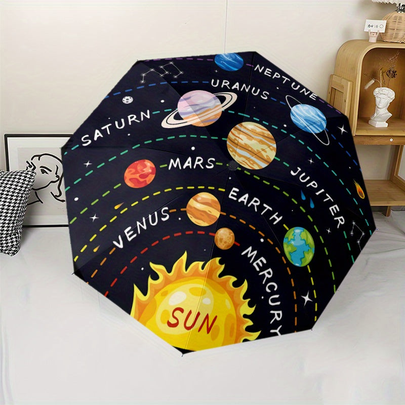 Automatic Open/Close Umbrella with One-Touch Button - Solar System Design (Planets, Stars) - Compact Folding Umbrella with 8-Rib Strong Frame - All-Season Portable Umbrella for Travel, School, Office, Gifts - Space-Themed Dec