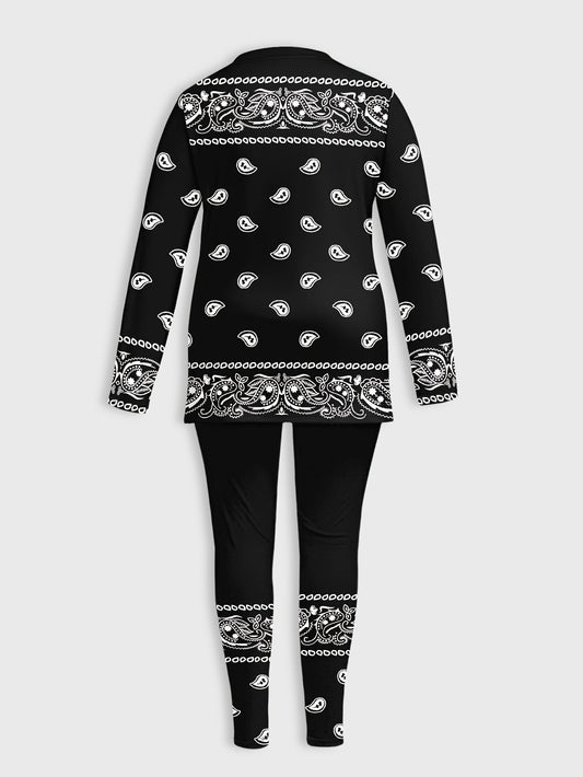 Women'S Plus Size Elegant Paisley Print Two-Piece Set - Oversized Long Sleeve Round Neck Top & Wide-Leg Pants with Side Slits, All-Over & Pattern, Comfortable Casual to Semi-Formal Outfit for Spring/Fall, Versatile Everyday &
