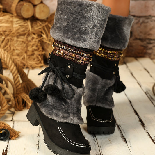 Ethnic Cowboy Boots for Men - Women's Mid-Calf Boots - High Heel Ankle Boots with Faux Fur Lining - Autumn and Winter