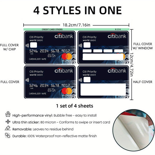 4-Pack Citibank Credit Card Decals, Thickened Matte Finish, Removable Self-Adhesive for Men and Women, Scratch and Stain Resistant, Simple Style PVC Material, Non-Woven