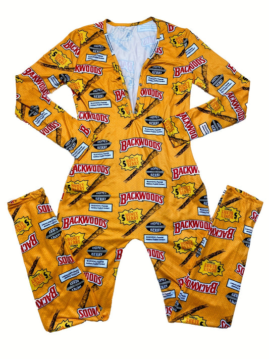Women'S Sexy Long Sleeve V-Neck Loungewear Jumpsuit - Yellow "Backwoods" Graphic Print, Off-Shoulder Design, High-Waisted Romper for Summer, Comfortable & Stylish Sleepwear, Casual Loungewear | Vneck Jumpsuit | Polyester Blen