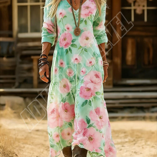 Floral Print Dress for Women in Country Style - Vintage V-Neck Dress for Spring/Summer, Bohemian Ethnic Design, Trendy Casual Women'S Outfit, Evening Dress for Hawaiian Parties, Perfect for Daily Vacation Use - Washable in Ma