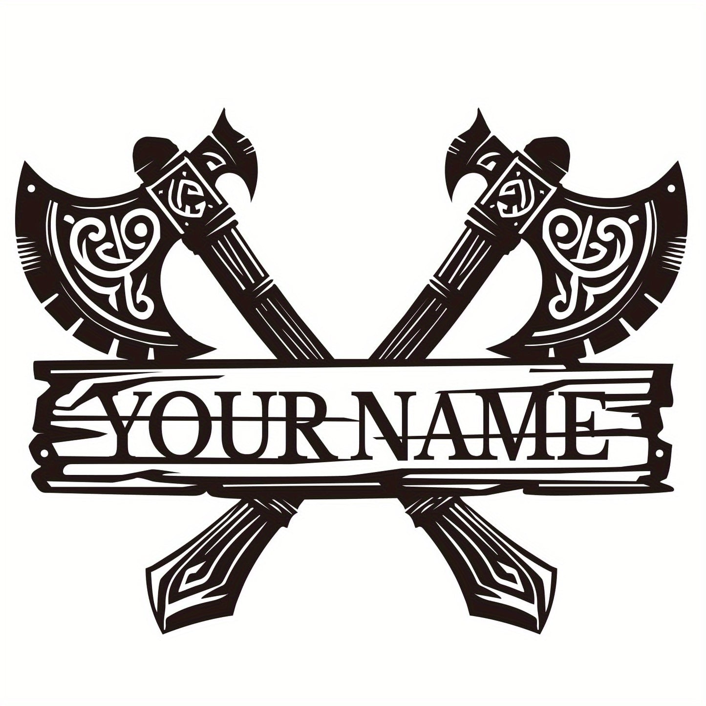 Custom Viking-Style Metal Wall Sign - Personalized Name with Crossed Axes Design, Black Aged Finish, Horizontal Rustic Metal Art for Living Room, Halloween, Christmas & Thanksgiving Home Decor