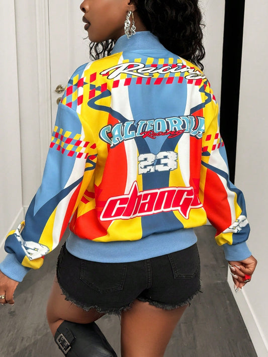 Women'S Racing Windbreaker with Color-Blocked Prints | Featuring Alphanumeric And Plaid Elements, This Loose-Fitting Jacket Is Perfect for Street Style, Casual Outings, And Unique Social Events.