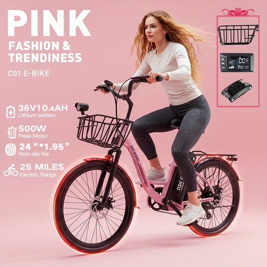 Sakura Pink Electric Bike for Adults, 500W Motor 7-Speed Commuter Ebike with 36V/10.4Ah Removable Battery, 20 MPH & 25-40 Miles Range, 24 Inch Electric Bike, Beach Cruiser Ebike for Women, Students & Commuters, Electric Bike