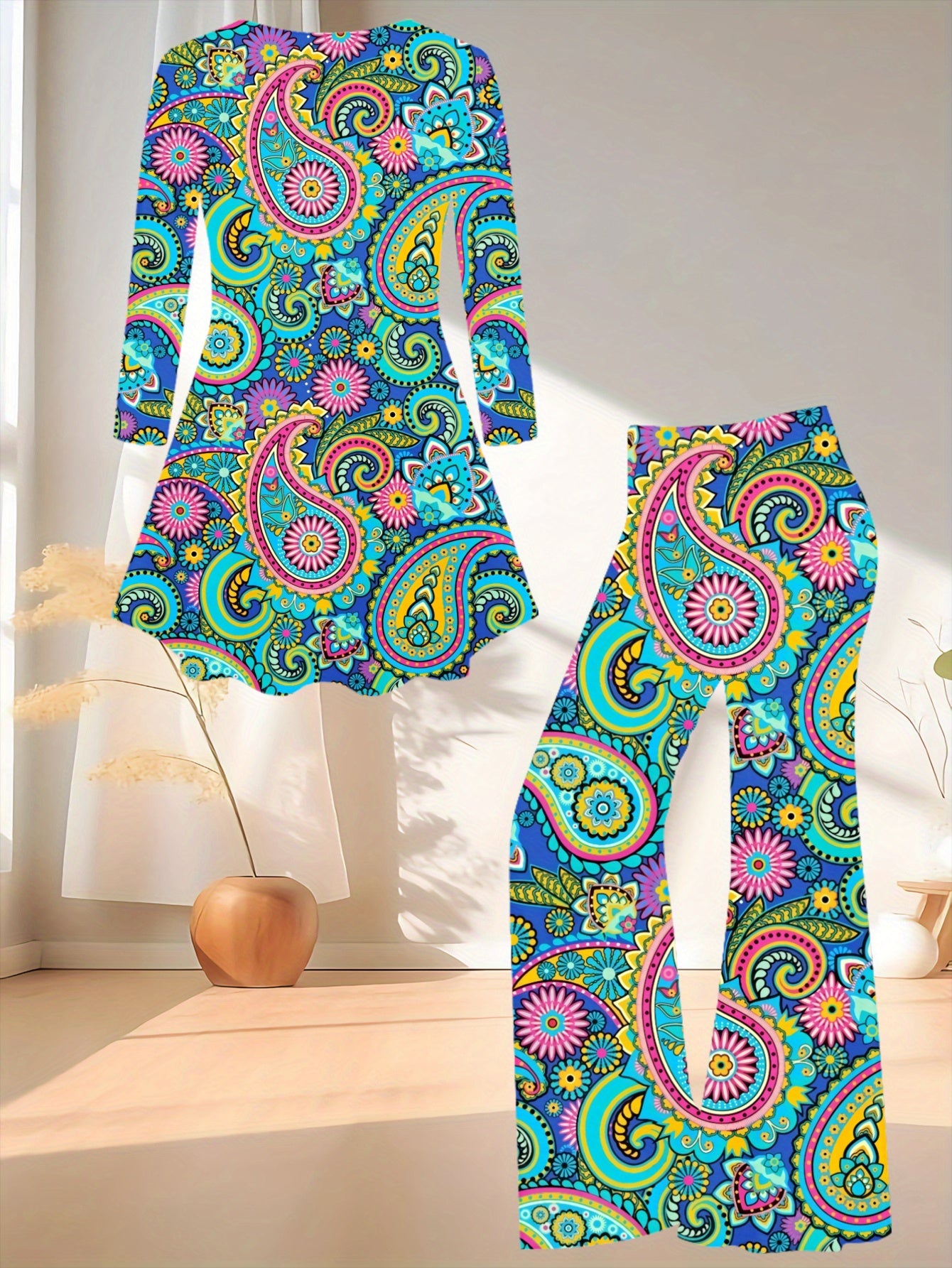 Plus Size, Women's Bohemian Print Jumpsuit- Loose Top and Flared Pants, Vibrant Multicolor(Turquoise, Pink, Yellow, Green, Purple, Orange, Red)