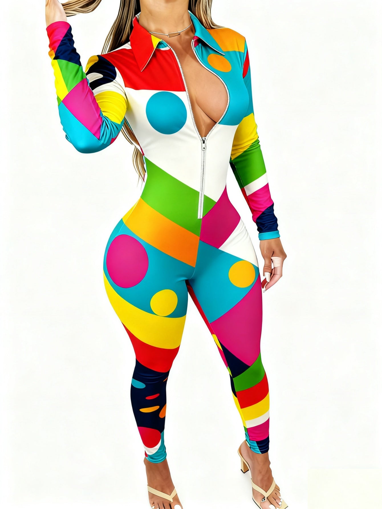 Women's Elegant Sexy Full-Body Print Jumpsuit - Long Sleeve Collar Zipper Front -Pant Outfit, All-Season Party Wedding Guest Special Occasion Attire, Machine Washable