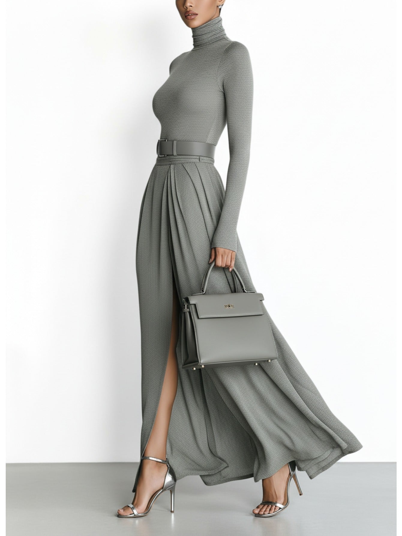 ' Gray Turtleneck Waist-Cinched Belt & Slit Maxi Dress - Elegant Fitted Workwear Dress Suitable for Daily Commute, Office, Weddings, Parties - Solid Color Winter Dress
