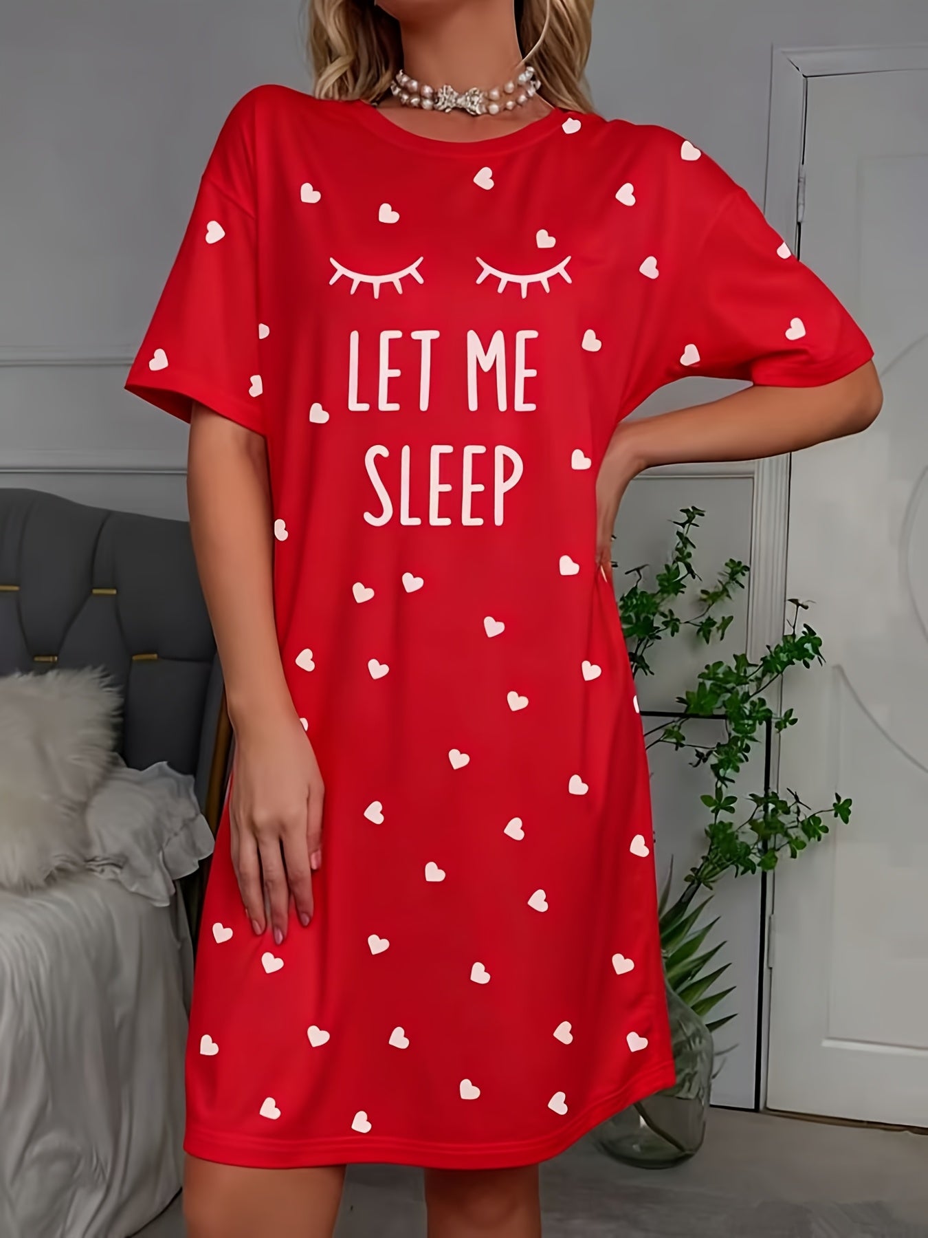 Women's Red Pajama Dress with "LET ME SLEEP" Slogan & Heart Cutouts - Short Sleeve Round Neck Sleepwear Nightgown, Machine Washable All-Season Nightdress for Bed, Lounge & ( Sleepwear)