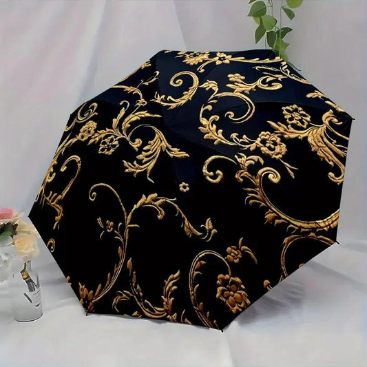 Automatic Open/Close Umbrella with 8-Rib Compact Folding Canopy, Automatic Operation & - Golden & Black Luxury Design Portable Travel Umbrella with Automatic Folder System, Ideal for or for gift (for &)
