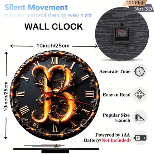 1pc 10-inch Vintage 2D Flat Design Ornate Letter B Clock | Home Decor Wall Clock with High-definition Technology Printing, Silent Operation, Black and White Hands, Ideal for Christmas and New Year Gifts, Wood Material