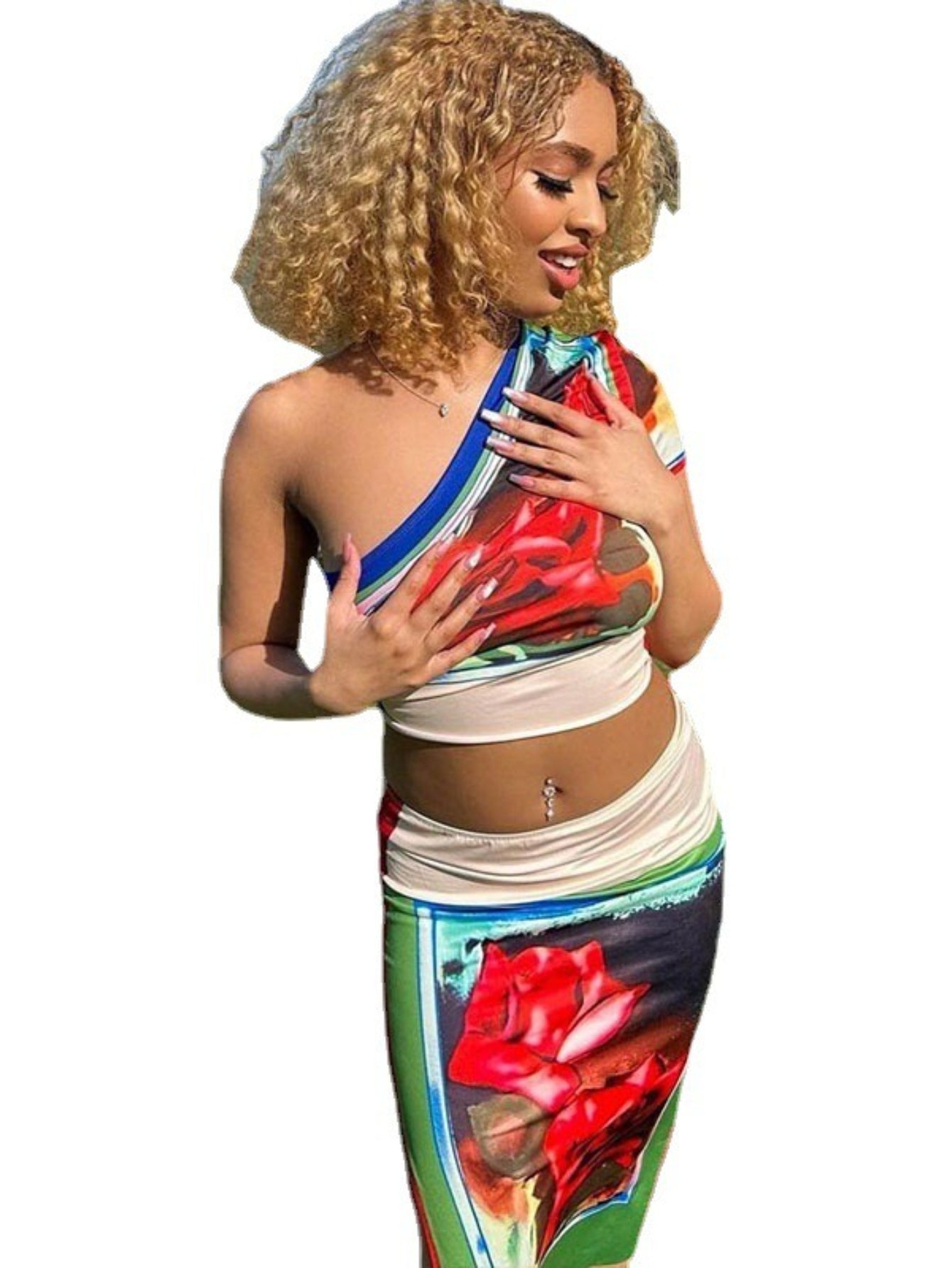 ARTPAGE Summer Fashion Print Sexy Off-Shoulder One-Shoulder Sleeve Hip Wrap Skirt Two-Piece Set Women'S Dress