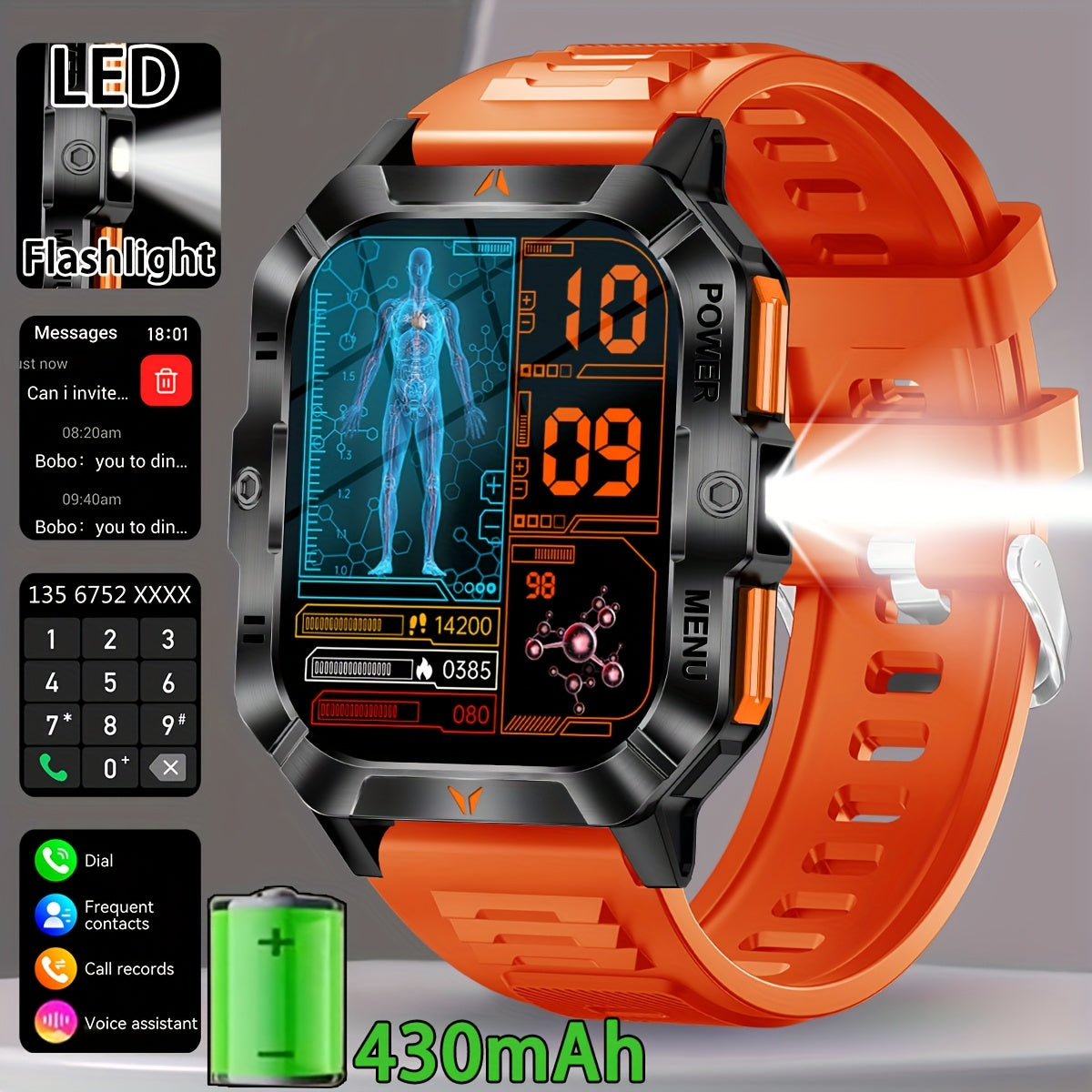 COIUSOR 2.01-inch Smartwatch Built-In LED Flashlight, with Wireless Calling Function, IPS HD Display, 100+ Sports Modes, Outdoor Sports, Fashionable Smartwatch, Wireless Calling/Answering Phone, Message Reminders, Step and Ca