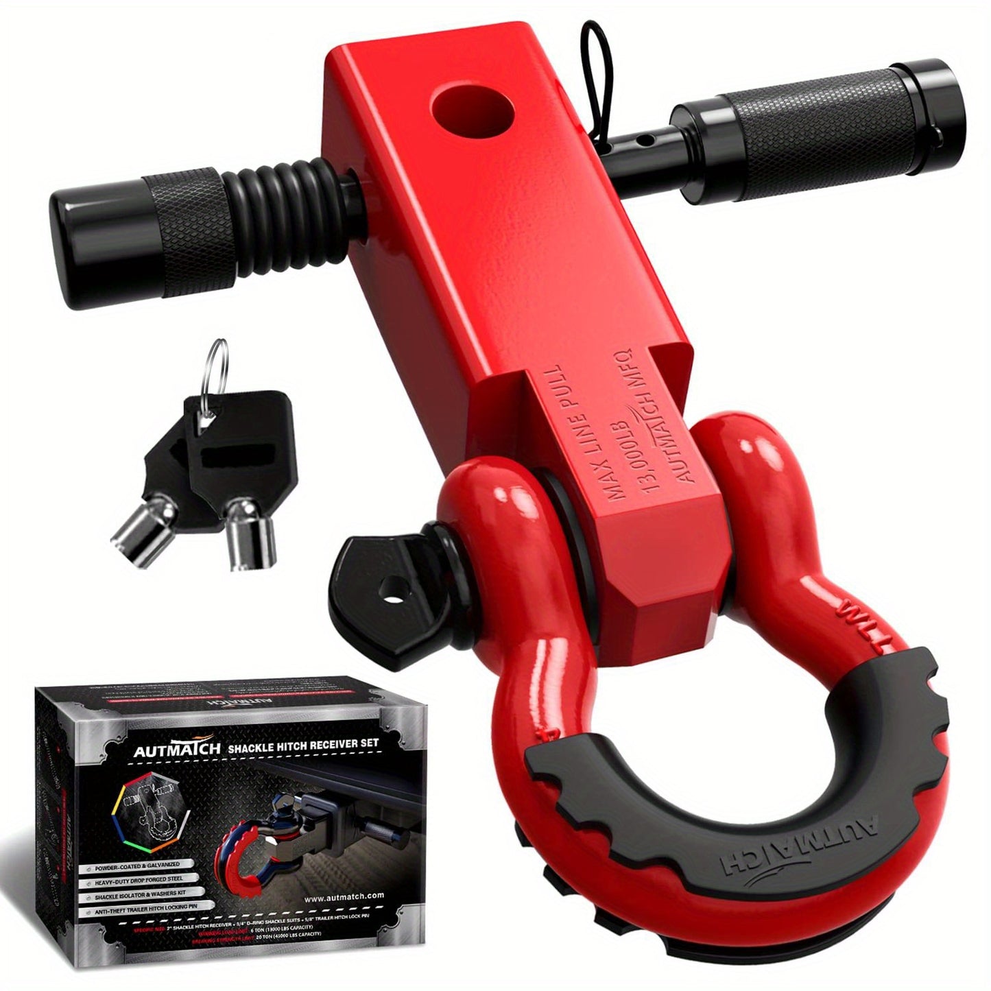 AUTMATCH Heavy-Duty 45,000 lbs Shackle Hitch Receiver Kit - 2-Inch Trailer Hitch Lock with 6-Ton Capacity (13000 Lbs), High-Strength Drop-Forged, Adjustable Lock Pin & Shackles for Truck,, RV, ATV, Boat Recovery
